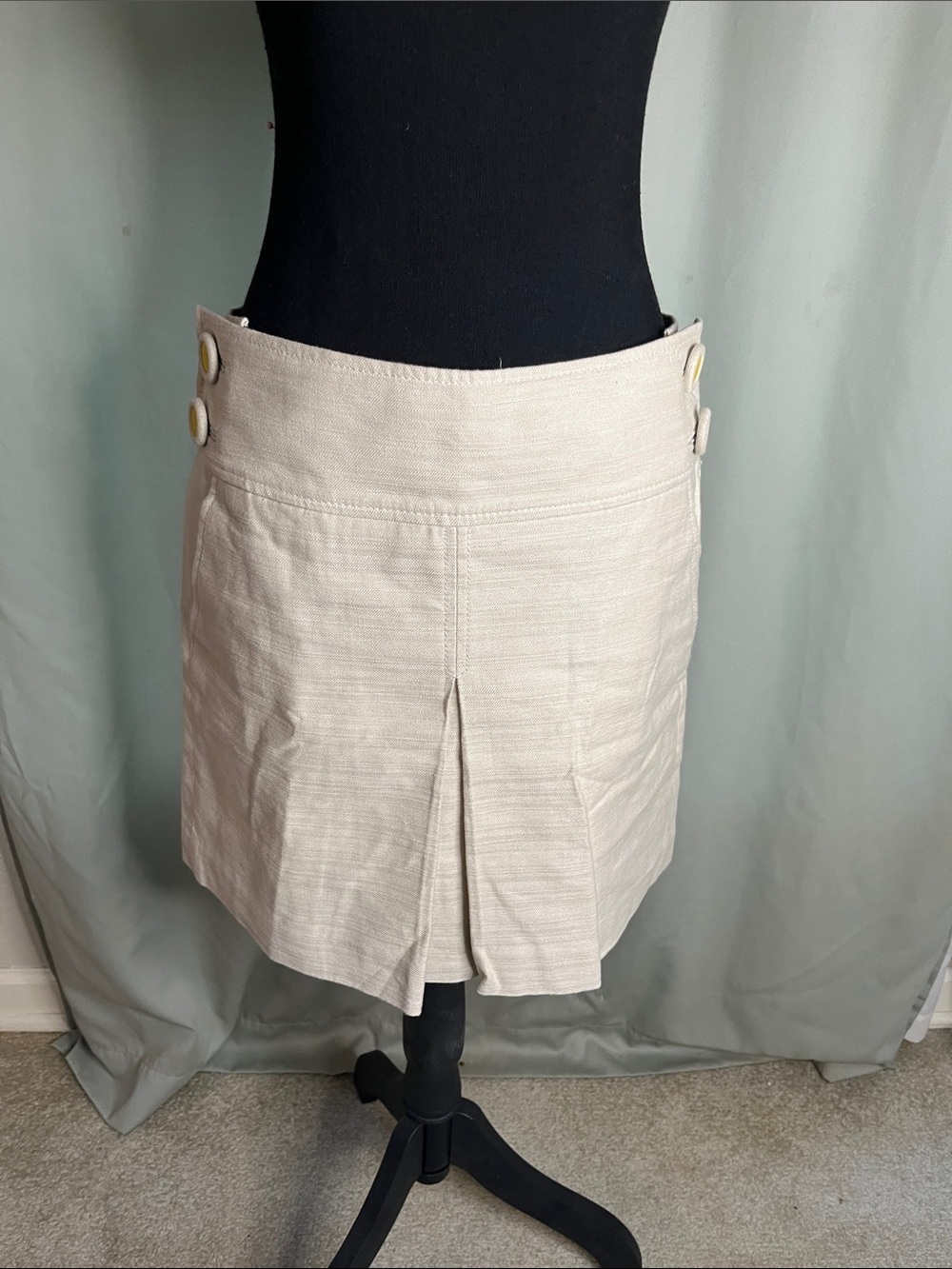 J. Crew Cream Mini Skirt with Front Pleat and Side Buttons Cotton linen Blend
